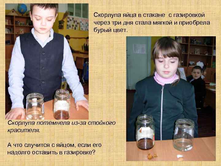 Скорлупа яйца в стакане с газировкой через три дня стала мягкой и приобрела бурый