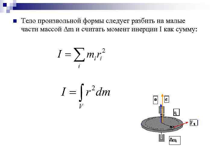 n Тело произвольной формы следует разбить на малые части массой Δm и считать момент