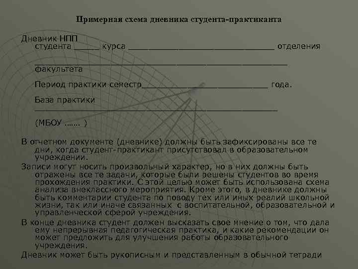 Примерная схема дневника студента-практиканта Дневник НПП студента _____ курса _______________ отделения _________________________ факультета Период