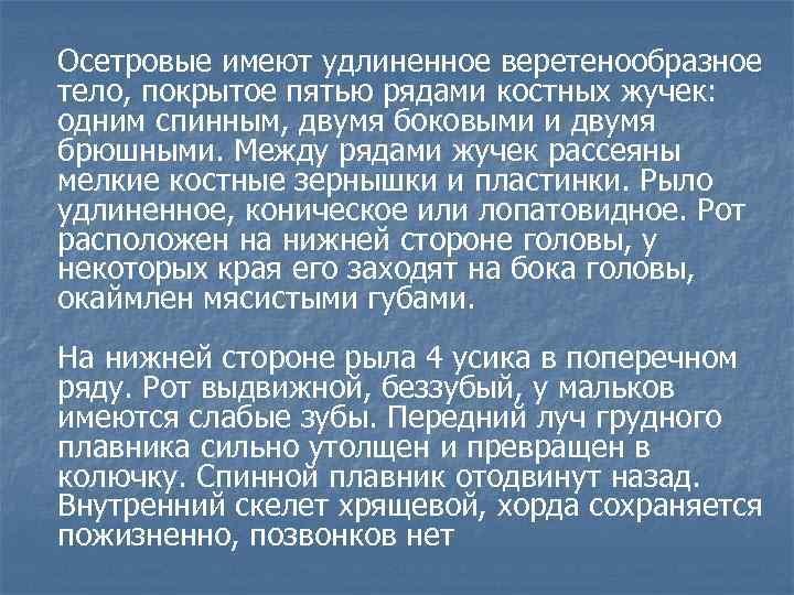 Осетровые имеют удлиненное веретенообразное тело, покрытое пятью рядами костных жучек: одним спинным, двумя боковыми