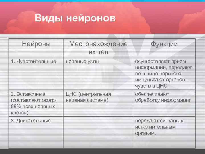 Виды нейронов Нейроны Местонахождение их тел Функции 1. Чувствительные нервные узлы осуществляют прием информации,