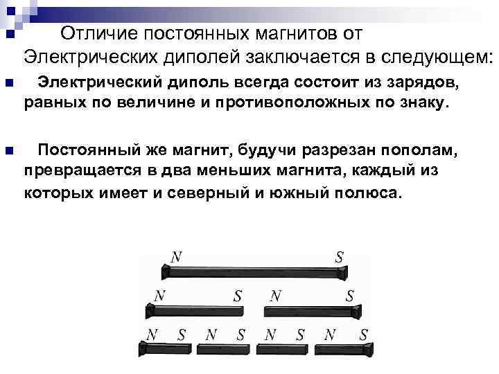 n Отличие постоянных магнитов от Электрических диполей заключается в следующем: n Электрический диполь всегда