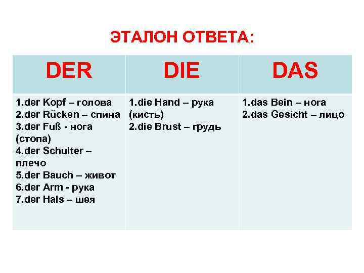 ЭТАЛОН ОТВЕТА: DER DIE 1. der Kopf – голова 1. die Hand – рука