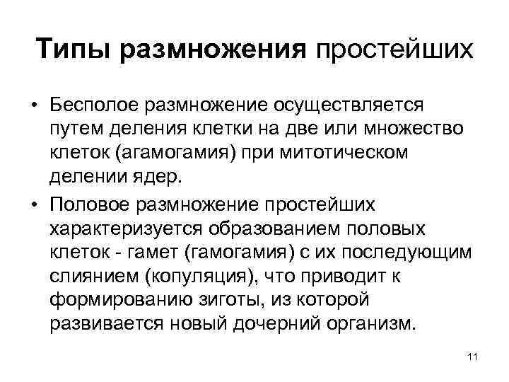 Типы размножения простейших • Бесполое размножение осуществляется путем деления клетки на две или множество