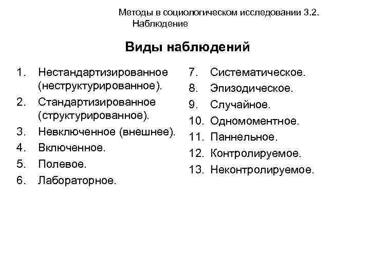 Методы в социологическом исследовании 3. 2. Наблюдение Виды наблюдений 1. 2. 3. 4. 5.