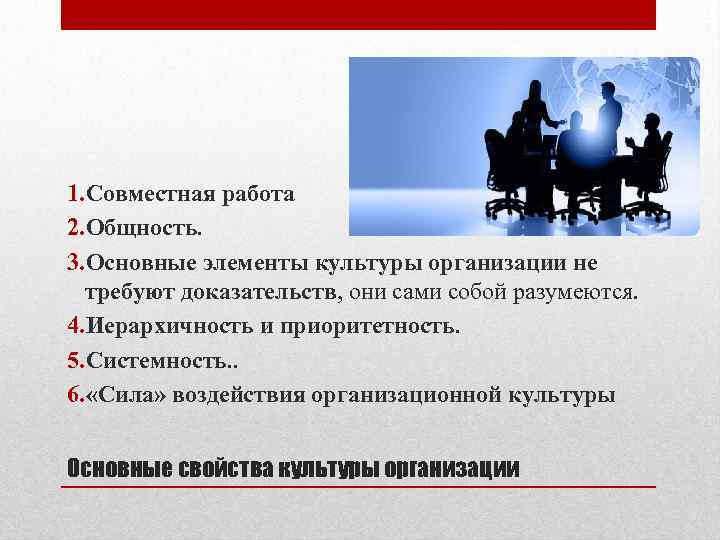 1. Совместная работа 2. Общность. 3. Основные элементы культуры организации не требуют доказательств, они