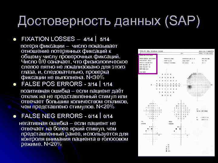 Достоверность данных (SAP) l FIXATION LOSSES – 4/14 5/14 потеря фиксации – число показывает