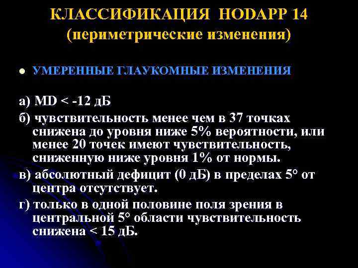 КЛАССИФИКАЦИЯ HODAPP 14 (периметрические изменения) l УМЕРЕННЫЕ ГЛАУКОМНЫЕ ИЗМЕНЕНИЯ а) MD < -12 д.