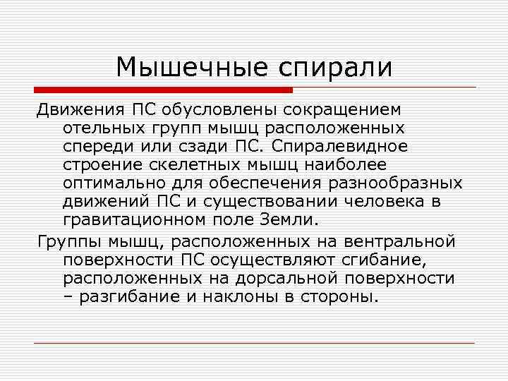 Мышечные спирали Движения ПС обусловлены сокращением отельных групп мышц расположенных спереди или сзади ПС.