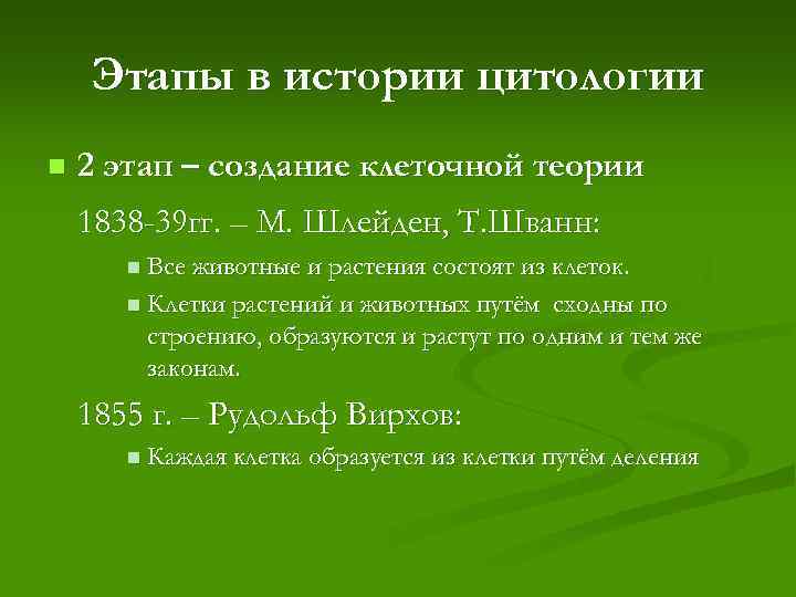 Этапы в истории цитологии n 2 этап – создание клеточной теории 1838 -39 гг.