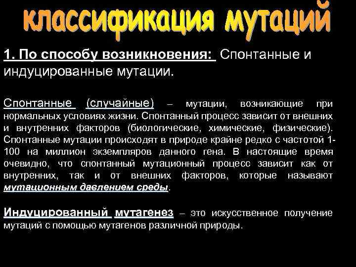 1. По способу возникновения: Спонтанные и индуцированные мутации. Спонтанные (случайные) – мутации, возникающие при