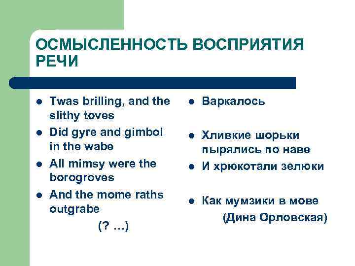 ОСМЫСЛЕННОСТЬ ВОСПРИЯТИЯ РЕЧИ l l Twas brilling, and the slithy toves Did gyre and