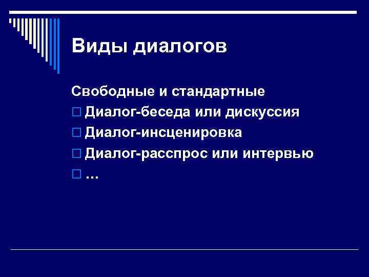 Виды диалогов Свободные и стандартные o Диалог беседа или дискуссия o Диалог инсценировка o