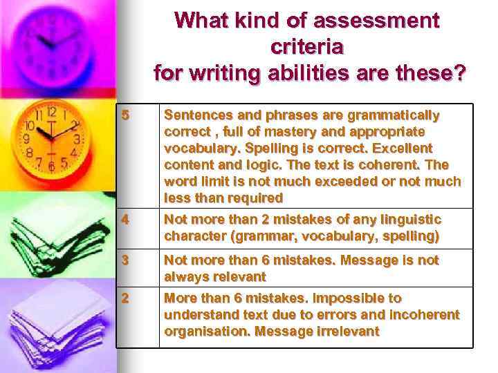 What kind of assessment criteria for writing abilities are these? 5 Sentences and phrases