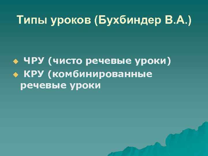 Типы уроков (Бухбиндер В. А. ) ЧРУ (чисто речевые уроки) u КРУ (комбинированные речевые
