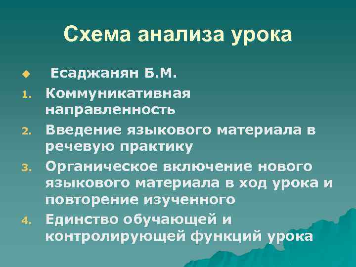 Схема анализа урока u 1. 2. 3. 4. Есаджанян Б. М. Коммуникативная направленность Введение