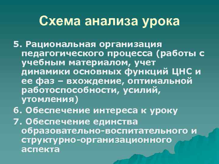 Схема анализа урока 5. Рациональная организация педагогического процесса (работы с учебным материалом, учет динамики