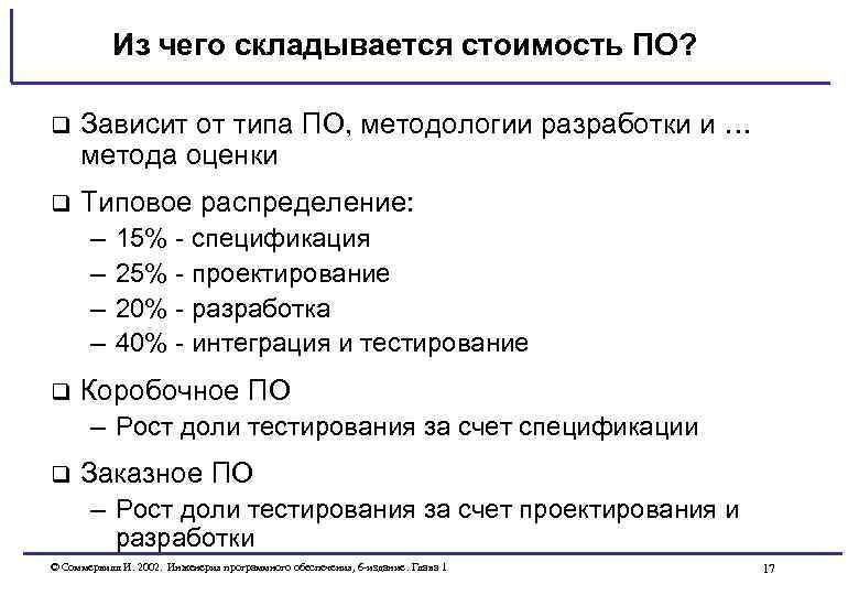 Из чего складывается стоимость ПО? q Зависит от типа ПО, методологии разработки и …