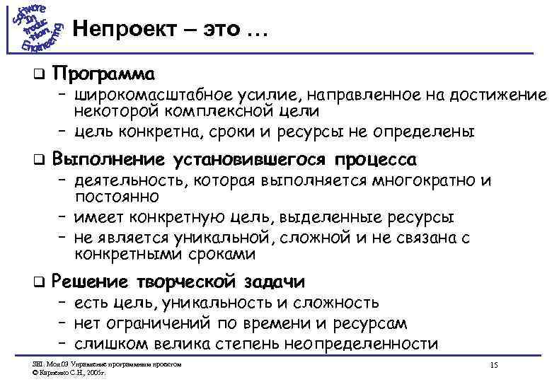 Непроект – это … q Программа q Выполнение установившегося процесса q Решение творческой задачи