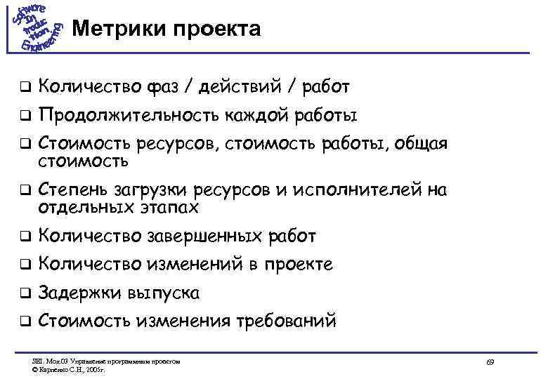 Метрики проекта q Количество фаз / действий / работ q Продолжительность каждой работы q