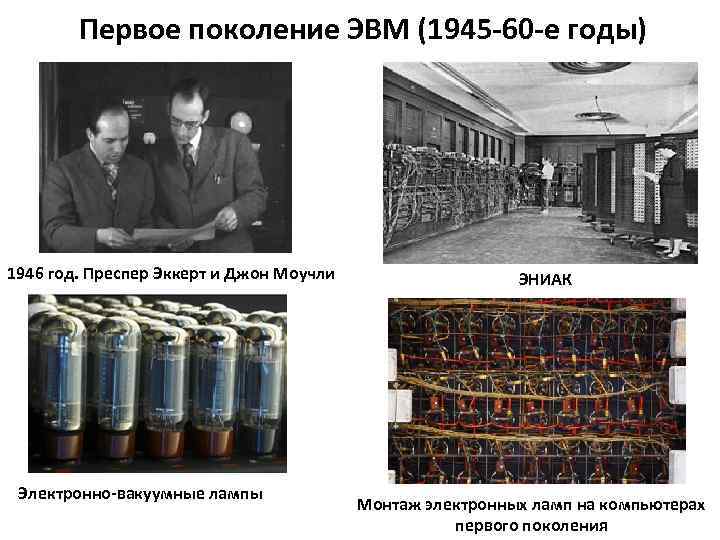 Первое поколение ЭВМ (1945 -60 -е годы) 1946 год. Преспер Эккерт и Джон Моучли