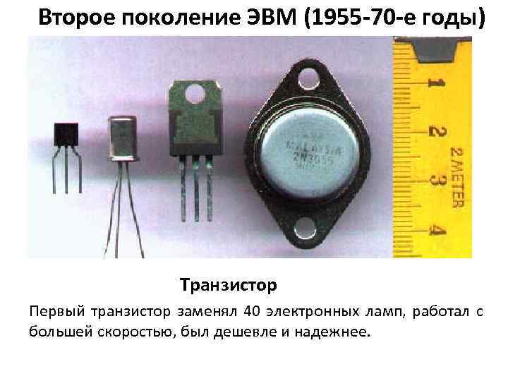 Второе поколение ЭВМ (1955 -70 -е годы) Транзистор Первый транзистор заменял 40 электронных ламп,