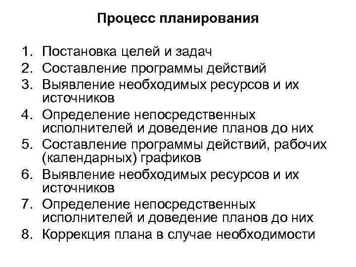 Процесс планирования 1. Постановка целей и задач 2. Составление программы действий 3. Выявление необходимых