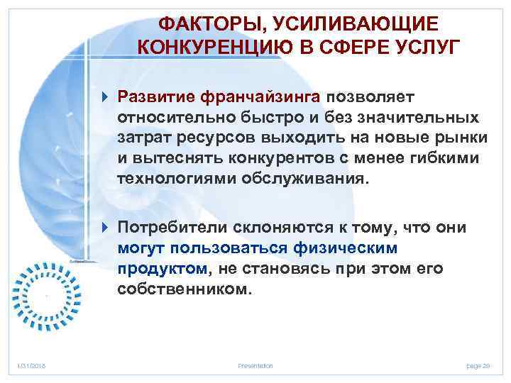 ФАКТОРЫ, УСИЛИВАЮЩИЕ КОНКУРЕНЦИЮ В СФЕРЕ УСЛУГ 4 Развитие франчайзинга позволяет относительно быстро и без