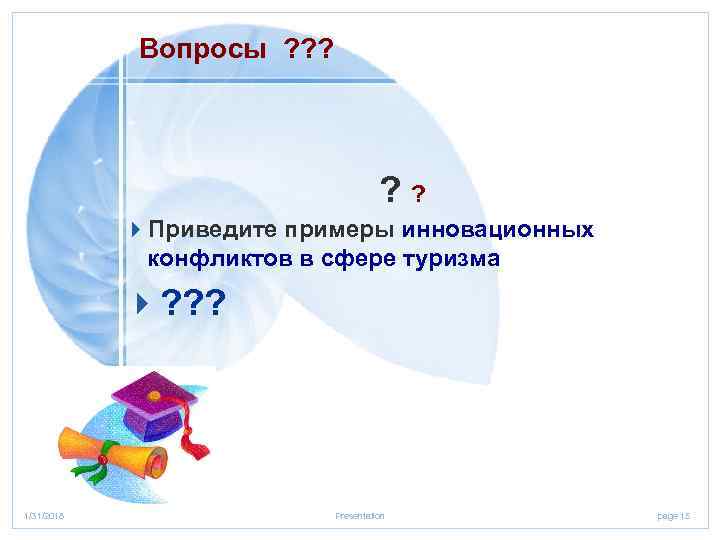 Вопросы ? ? ? 4 Приведите примеры инновационных конфликтов в сфере туризма 4? ?
