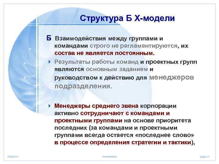 Структура Б Х-модели Б Взаимодействия между группами и командами строго не регламентируются, их состав