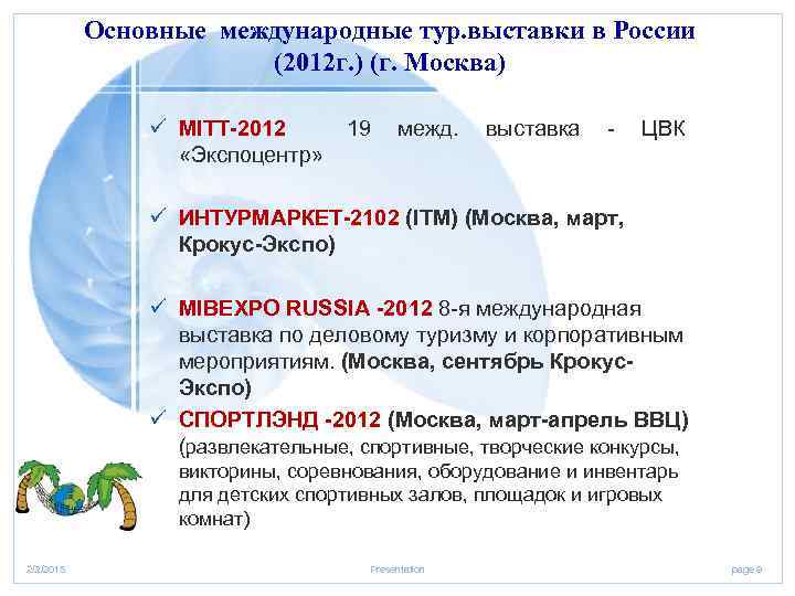 Основные международные тур. выставки в России (2012 г. ) (г. Москва) ü MITT-2012 19