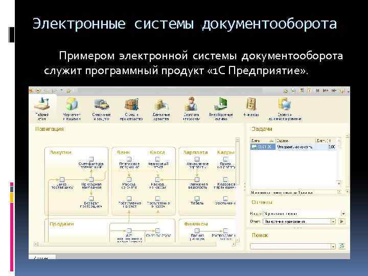 Электронные системы документооборота Примером электронной системы документооборота служит программный продукт « 1 С Предприятие»