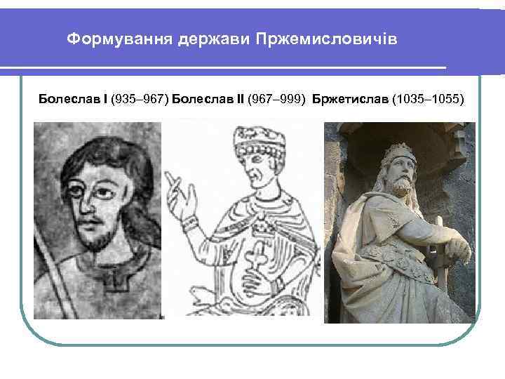 Формування держави Пржемисловичів Болеслав І (935– 967) Болеслав ІІ (967– 999) Бржетислав (1035– 1055)