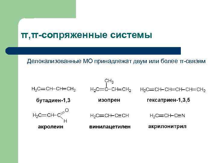 π, π-сопряженные системы Делокализованные МО принадлежат двум или более π-связям 