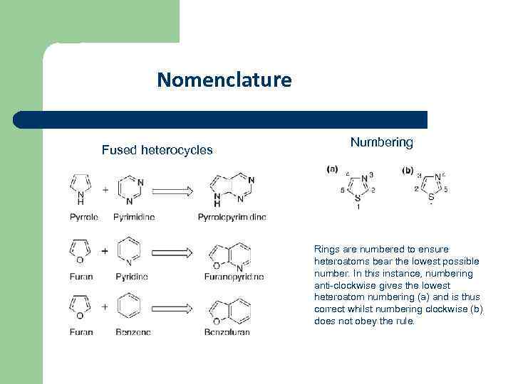 Nomenclature Fused heterocycles Numbering Rings are numbered to ensure heteroatoms bear the lowest possible