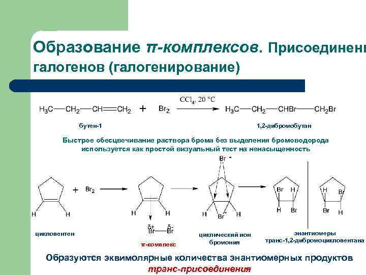Образование π-комплексов. Присоединени галогенов (галогенирование) бутен-1 1, 2 -дибромобутан Быстрое обесцвечивание раствора брома без