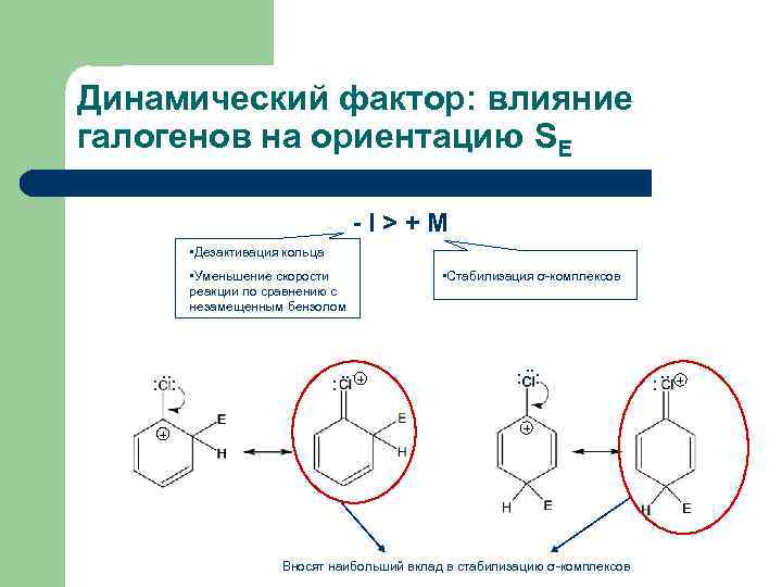 Динамический фактор: влияние галогенов на ориентацию SE - I > + M • Дезактивация