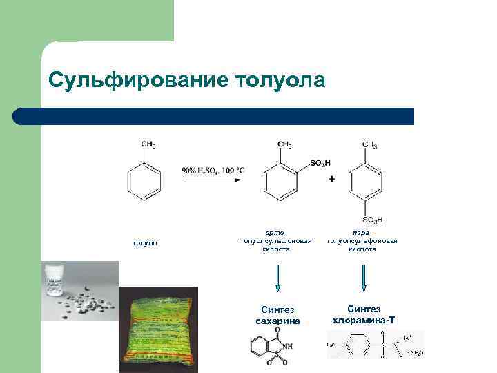 Сульфирование толуола толуол ортотолуолсульфоновая кислота паратолуолсульфоновая кислота Синтез сахарина Синтез хлорамина-Т 