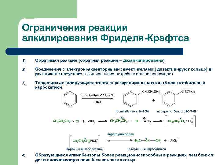 Ограничения реакции алкилирования Фриделя-Крафтса 1) Обратимая реакция (обратная реакция – дезалкилирование) 2) Соединения с
