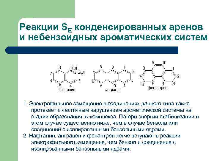 Реакции SE конденсированных аренов и небензоидных ароматических систем 1. Электрофильное замещение в соединениях данного