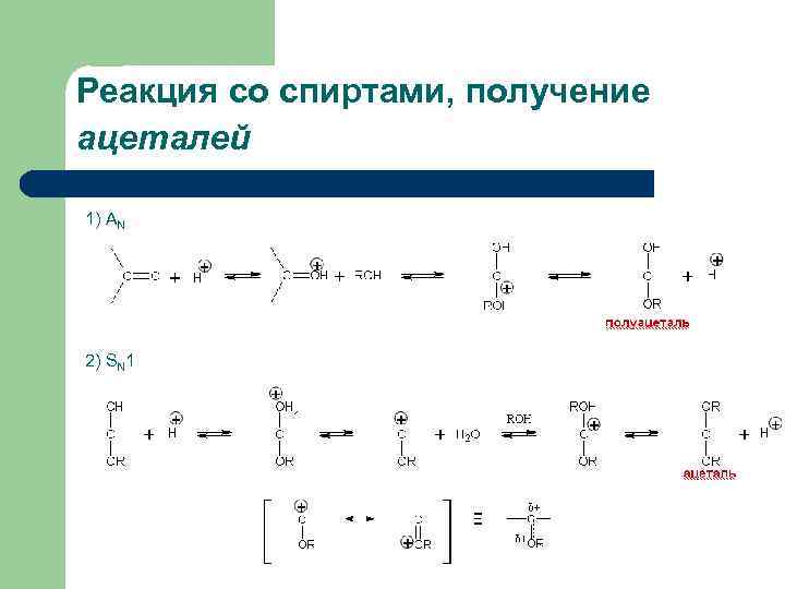 Реакция со спиртами, получение ацеталей 1) АN 2) SN 1 