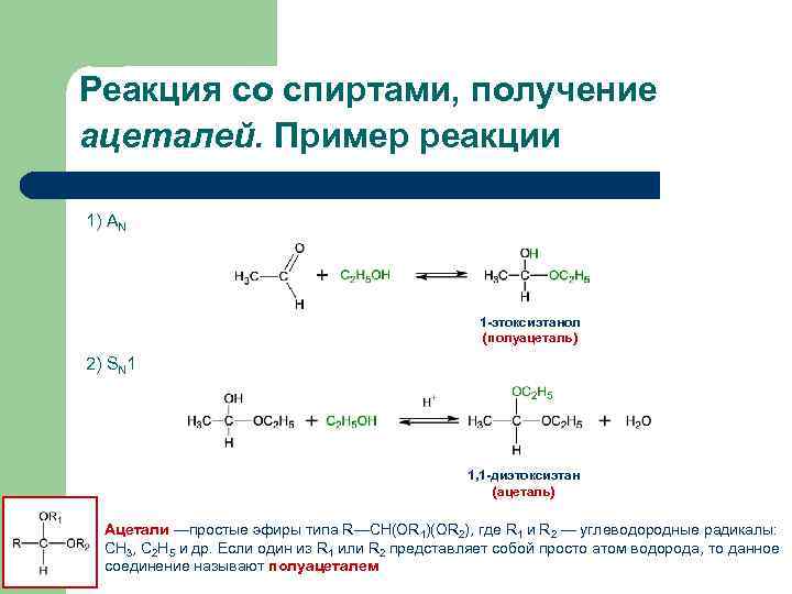 Реакция со спиртами, получение ацеталей. Пример реакции 1) АN 1 -этоксиэтанол (полуацеталь) 2) SN
