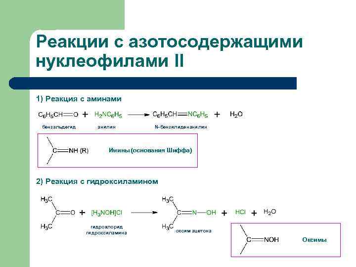 Реакции с азотосодержащими нуклеофилами II 1) Реакция с аминами бензальдегид анилин N-бензилиденанилин Имины (основания