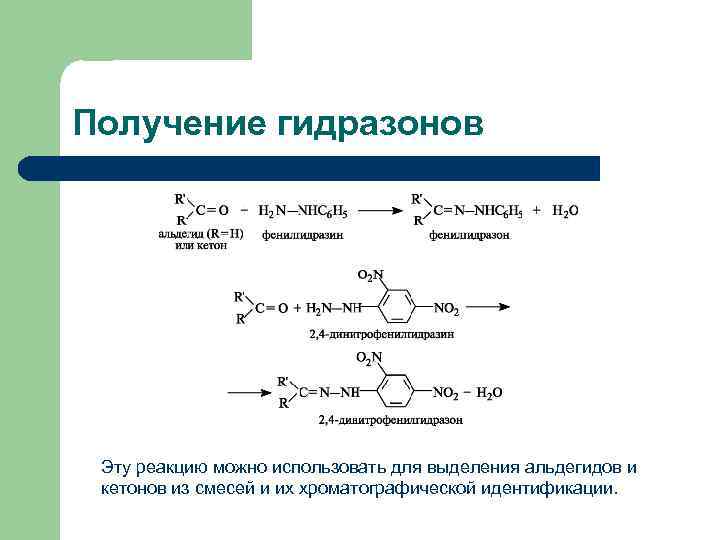 Получение гидразонов Эту реакцию можно использовать для выделения альдегидов и кетонов из смесей и