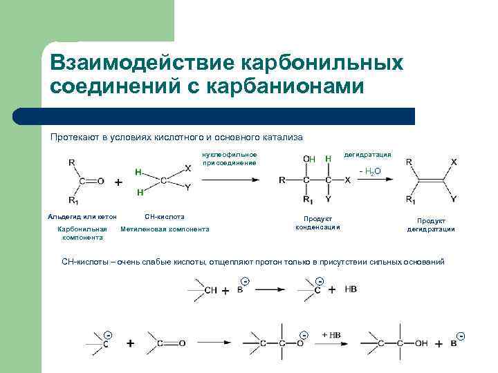 Взаимодействие карбонильных соединений с карбанионами Протекают в условиях кислотного и основного катализа нуклеофильное присоединение