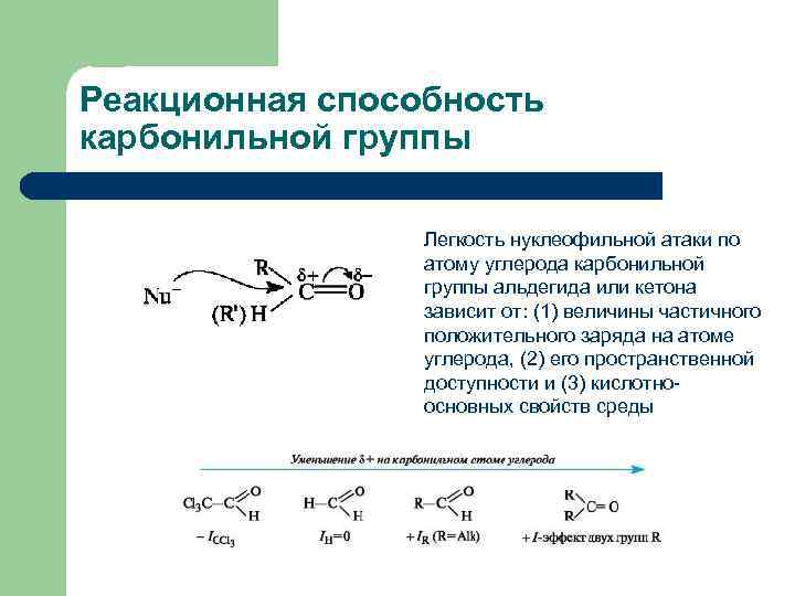 Реакционная способность карбонильной группы Легкость нуклеофильной атаки по атому углерода карбонильной группы альдегида или