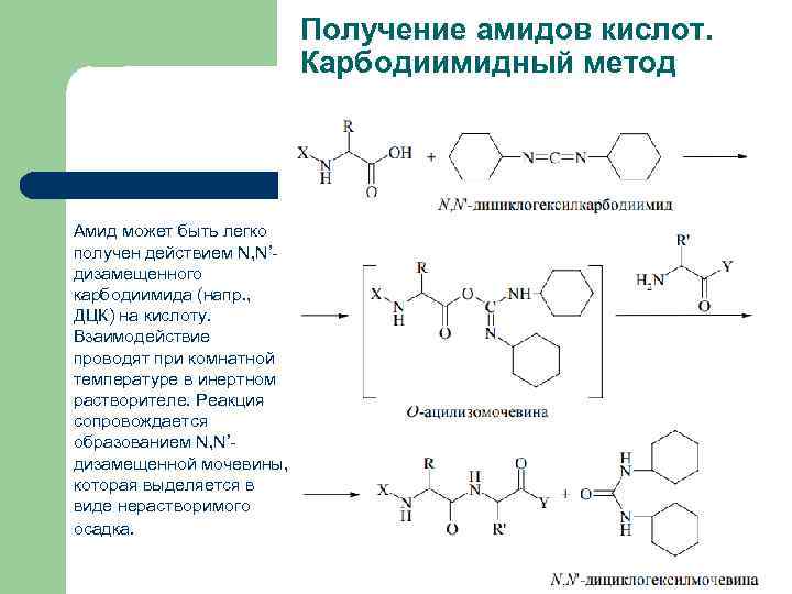 Получение амидов кислот. Карбодиимидный метод Амид может быть легко получен действием N, N’дизамещенного карбодиимида