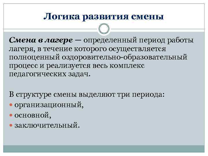 Логика развития смены Смена в лагере — определенный период работы лагеря, в течение которого