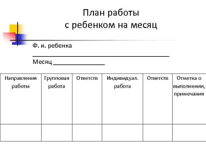 План работы с ребенком на месяц Ф. и. ребенка ____________________ Месяц ________ Направления работы