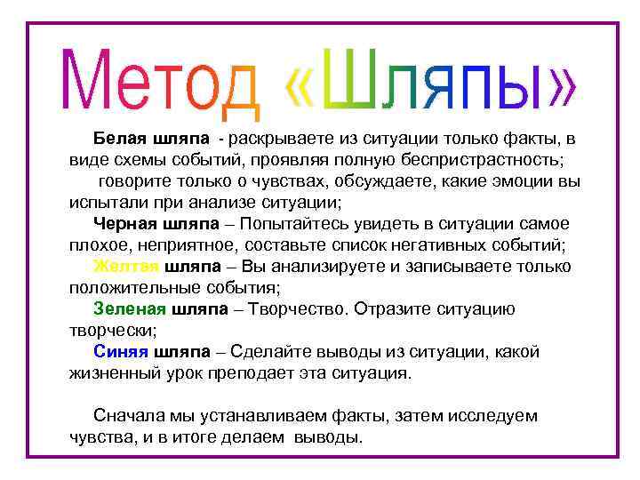 Белая шляпа - раскрываете из ситуации только факты, в виде схемы событий, проявляя полную